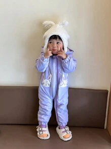 SHEIN Baby Girl Cute Rabbit Pattern Hooded Jumpsuit, Pink - Pink - View 1