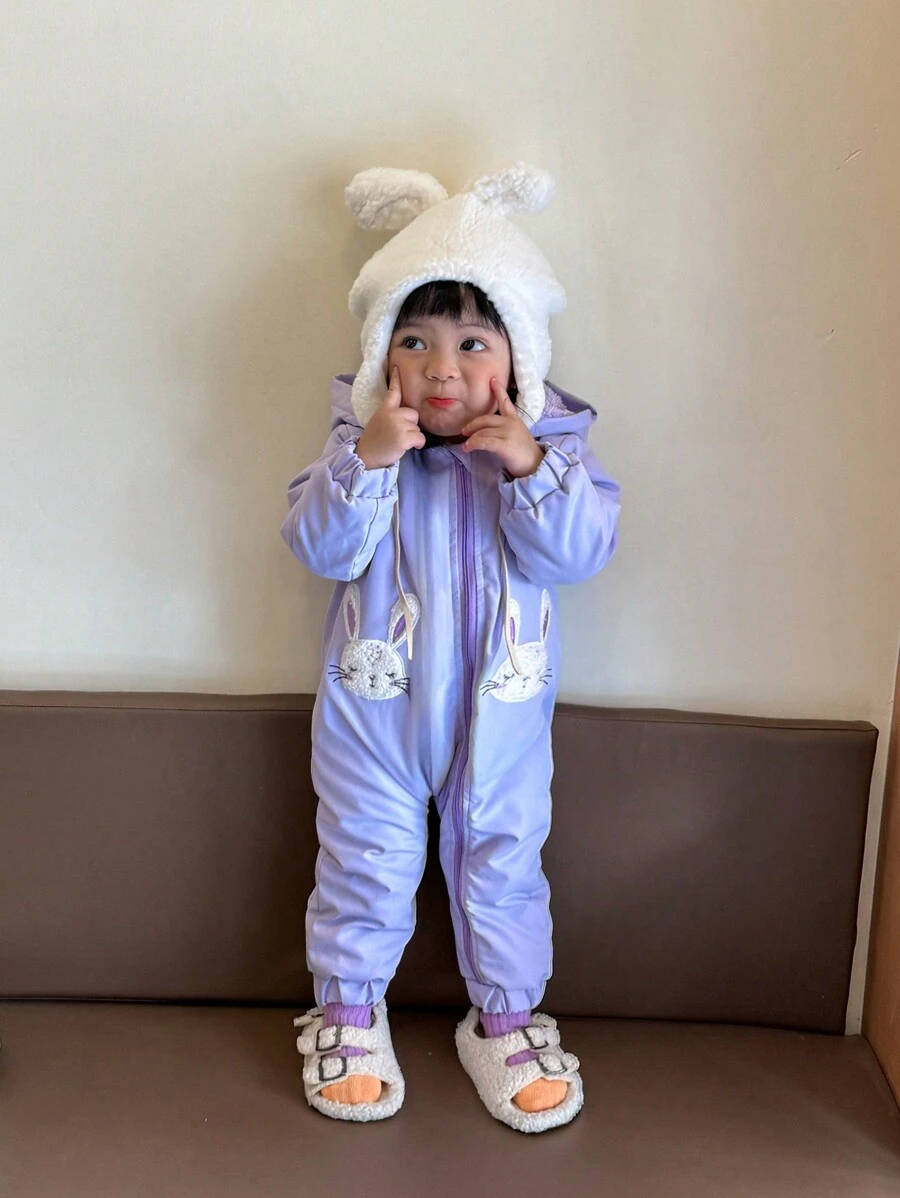 SHEIN Baby Girl Cute Rabbit Pattern Hooded Jumpsuit, Pink - Pink - View 1