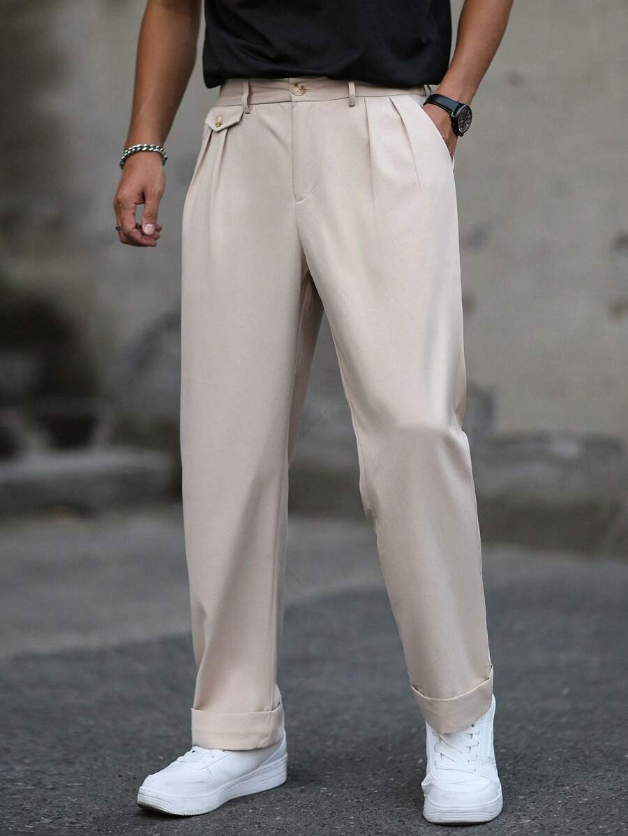 Manfinity Homme Men's Solid Color Pleated Pocket Straight-Leg Casual Office Trousers - Khaki - View 1