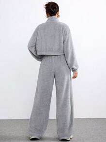 Muchica Women's Winter Streetwear Sherpa Fleece Zip Up Long Sleeve High Neck Coat& Pants Going Out Sets ,2pcs - Beige - View 2