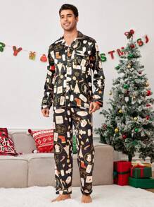 CoupledUp Regalos de Navidad para la pareja, conjunto de pijama de satén estampado para hombres - Negro - Ver 7