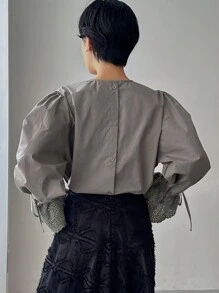 FRIFUL Women Simple Solid Color Block Round Collar Long Sleeve Casual Shirt,Ruffle,Fall Clothes - Grey - View 6