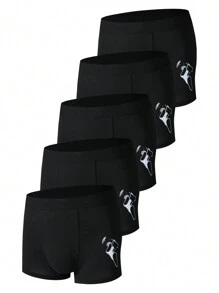 5pcs/Pack Men's Solid Color Printed Simple Casual Boxers - Black - View 1