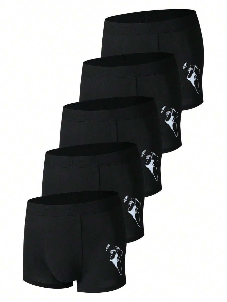 5pcs/Pack Men's Solid Color Printed Simple Casual Boxers - Black - View 1