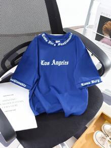 SHEIN 男童休闲趣味英文字母图案圆领短袖T恤，适合日常穿着、上学、郊游、运动、春夏季 - 藍色 - 查看 3