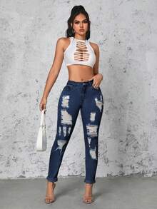 SHEIN SXY Quần Jeans Denim Skinny Thường Ngày Có Túi Cũ Cho Nữ - Rửa tối - Xem 3