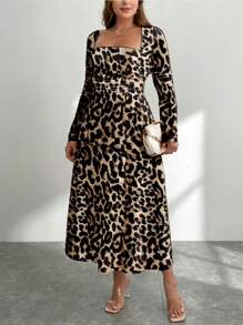 Firerie Plus Leopard Print Square Neck Dress - Multicolor - View 5
