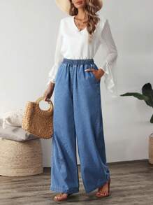 SHEIN LUNE Quần Jeans Ống Rộng Co Giãn In Hình Hoa Bồ Công Anh Cho Nữ, Dáng Rộng, Cạp Cao Co Giãn - Màu xanh lam - Xem 1