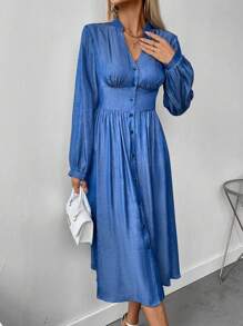 SHEIN LUNE 女士纯色前扣长袖褶皱休闲中长连衣裙