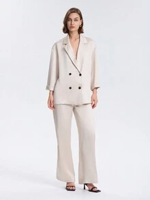 Textured Loose Solid Double Breasted Blazer Jacket And Pants Suit With Pockets, Elegant - Beige - View 5