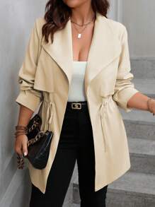 Franclia Plus Size Women's Solid Color Lapel Long Sleeve Drawstring Waist Casual Jacket, Spring And Autumn - Khaki - View 1
