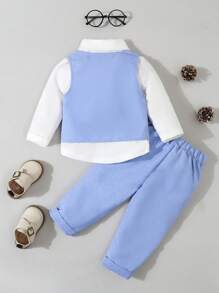 Souflis Souflis 3pcs Baby Boys Gentleman Formal Outfit Set: Bow Tie Shirt + Double-Breasted Vest + Pants,  & Elegant Birthday Party, Wedding, Christening Wear - Blue - View 2