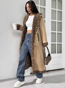 SHEIN EZwear Áo khoác cổ bẻ in họa tiết da báo và nâu cổ điển cài hai hàng khuy cho mùa thu - Nhiều màu - Xem 5