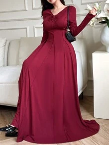 Feyla Vestido largo elegante de mujer color rojo burdeos con cintura ajustada, para primavera y otoño - Burdeos - Ver 3