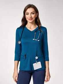 TaskEZ Simple V-Neck Long Sleeve Pocket Scrub Uniform Top