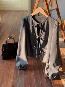 SHEIN EZwear 大码复古领带蝴蝶结灯笼袖西装外套 - 深灰色 - 查看 2