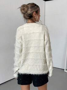 Aveloria Oversized Round Neck Metallic Striped Fuzzy Pullover Sweater Knit Pullover Fall Winter Outfit - White - View 2