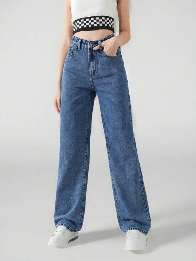 SHEIN 少女简约百搭蓝色洗水牛仔直筒牛仔裤