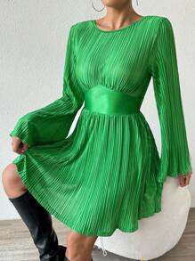 Chiquease Vestido corto de mini falda con mangas acampanadas y fruncidas de moda de otoño - Verde - Ver 6