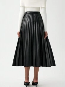 Lumivelle 优雅休闲的办公通勤风褶皱PU皮革A字中长裙 - 黑色 - 查看 2