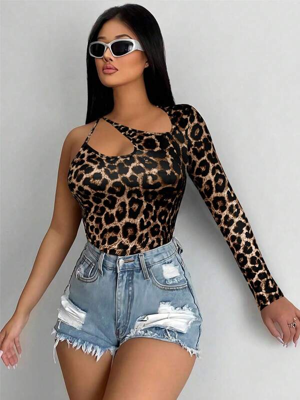 Zolique Asymmetric Leopard Print Women Long Sleeve Blouse