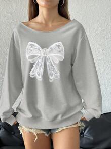 SHEIN EZwear 冬季蝴蝶结印花落肩运动衫 - 淺灰色 - 查看 5