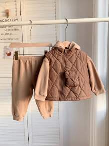 SHEIN Bộ 3 món áo nỉ ấm áp dễ thương đa năng cho bé trai và bé gái, áo hoodie, áo nỉ và quần dài, phù hợp cho hoạt động ngoài trời mùa thu/đông và trượt tuyết - Nhiều màu - Xem 5