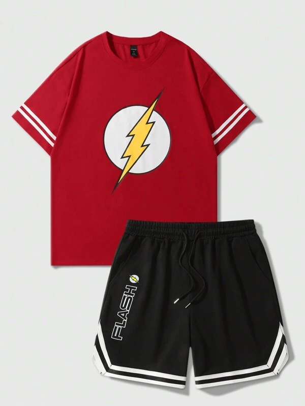 ROMWE MEN THE FLASH X ROMWE 夏 メンズ カジュアルスポーツ ライトニンググラフィック Tシャツ & ショーツ 2点セット