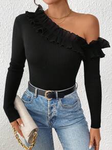 SHEIN Clasi Jersey de manga larga con hombro asimétrico y ribete de volantes para mujer, color negro
