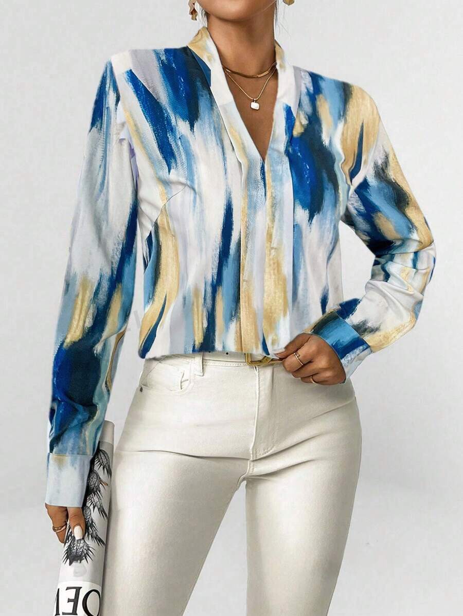 SHEIN Clasi 印花 V 领长袖衬衫 - 彩色 - 查看 1