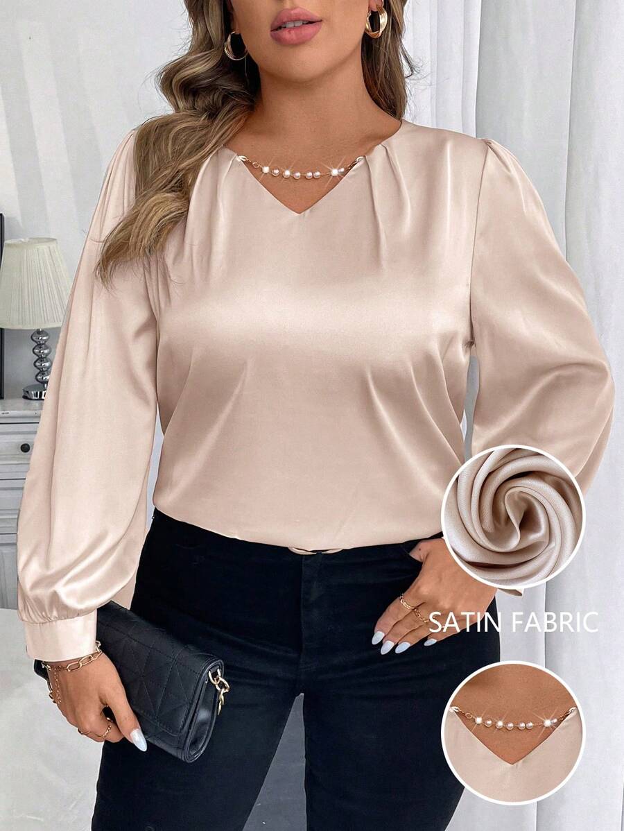 SHEIN Unity 大码纯色 V 领优雅长袖衬衫 - 香檳色 - 查看 1