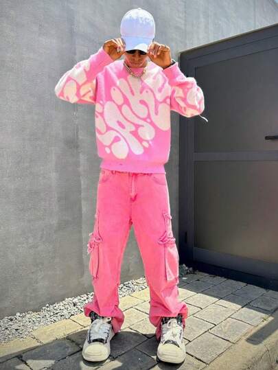 Street Life pull à manches longues avec motif de lettres à épaules tombantes pour hommes, pour l'école, l'automne/l'hiver