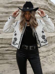 Aveloria Modichic 法式优雅风极简黑白拼色刺绣花朵轻薄长袖夹棉棉服秋冬装 - 米色 - 查看 7