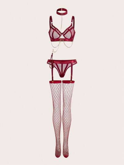 Ladies' Chain ated Hollow Out Mesh Verleidelijke Lingerie Set Going view 6