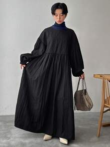 FRIFUL Women's Casual Solid Color Round Neck Drop Shoulder Long Sleeve Pleated Loose Dress, Spring & Autumn - Black - View 4
