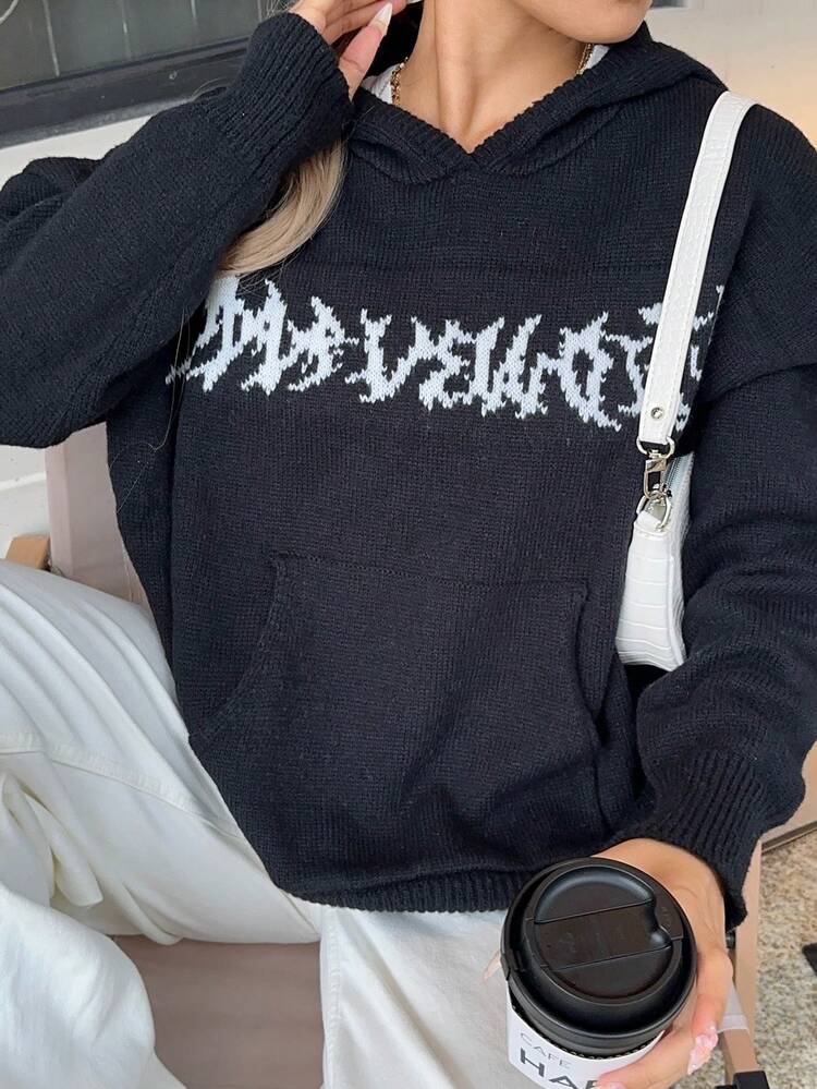 Letter Pattern Kangaroo Pocket Drop Shoulder Hooded Sweater