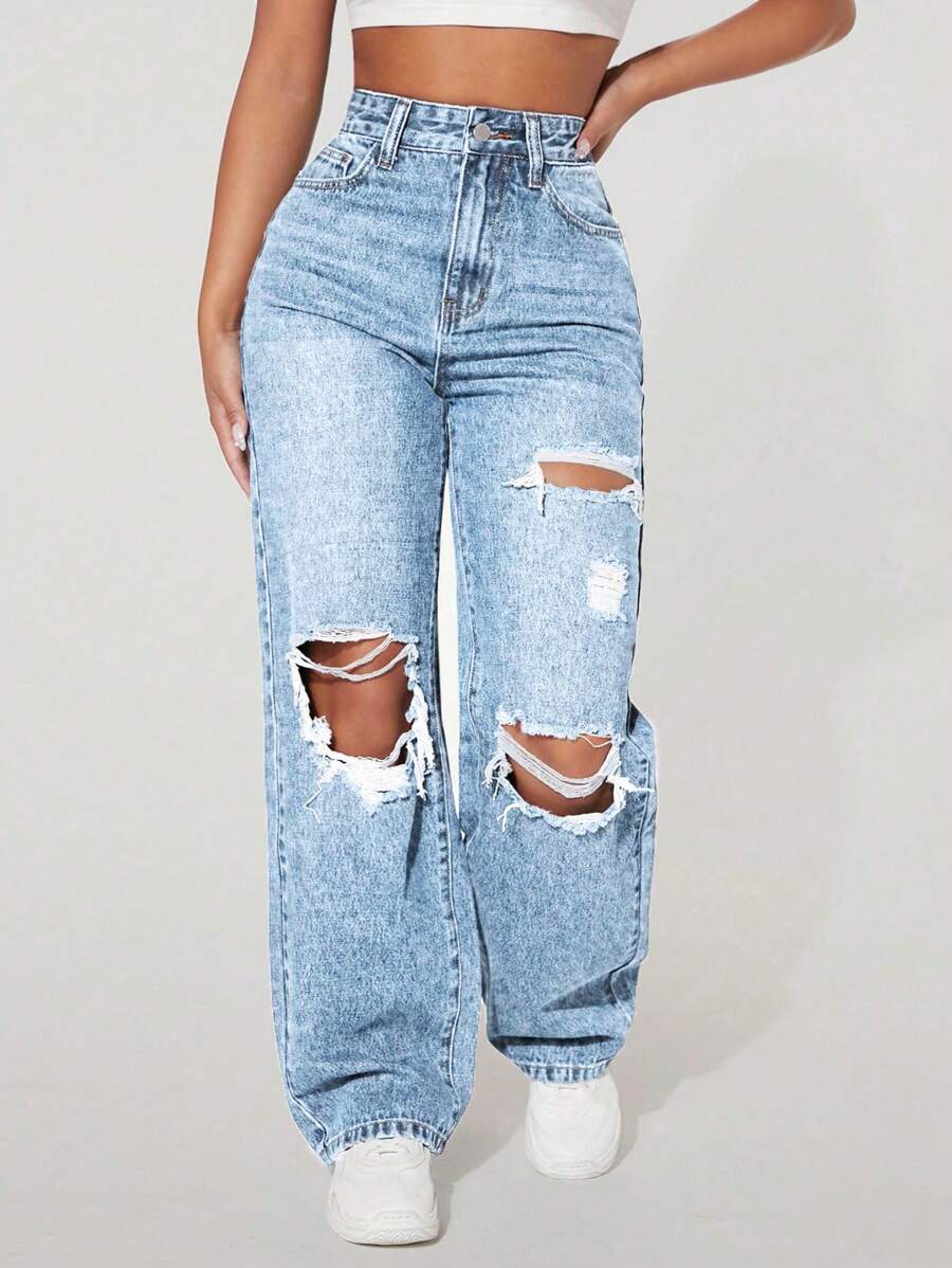 SHEIN PETITE 休闲洗水做旧直筒牛仔裤 - 藍白色 - 查看 1