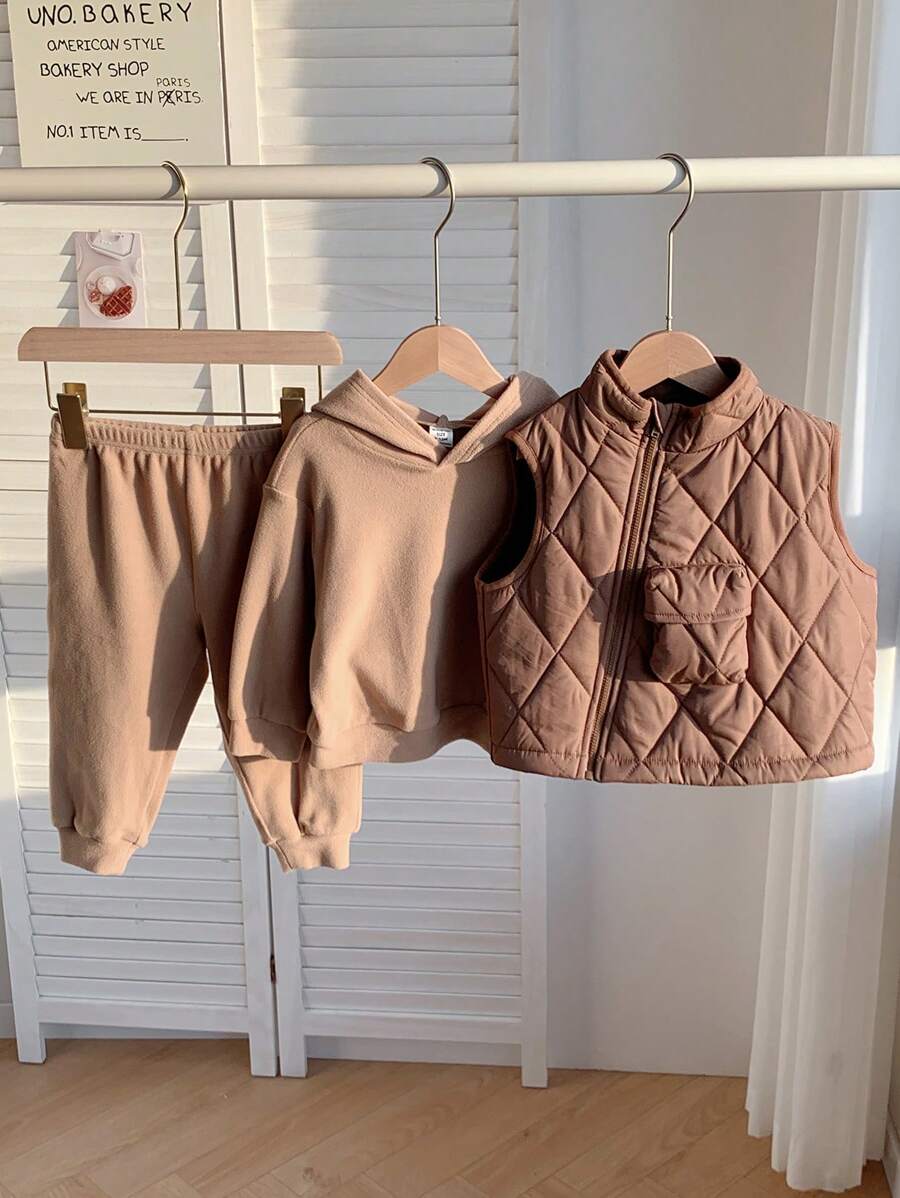 SHEIN Bộ 3 món áo nỉ ấm áp dễ thương đa năng cho bé trai và bé gái, áo hoodie, áo nỉ và quần dài, phù hợp cho hoạt động ngoài trời mùa thu/đông và trượt tuyết - Nhiều màu - Xem 1