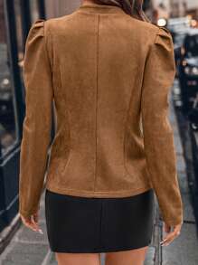 SHEIN Ellevyn 棕色麂皮女式领口羊腿袖修身夹克 - 棕色 - 查看 8
