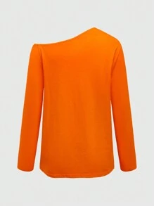 ROMWE Teenage Girls' Casual Cute Halloween Black Cat, Pumpkin & Witch Graphic Loose Slanted Neck T-Shirt - Orange - View 2