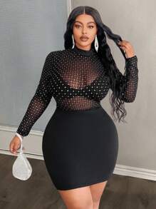 Slaydiva Vestido mini negro sólido y ajustado, elegante, para fiesta, cóctel, evento, cita nocturna, de tela semitransparente con parches de malla con rombos estampados, talla grande