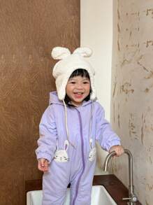 SHEIN Baby Girl Cute Rabbit Pattern Hooded Jumpsuit, Pink - Pink - View 5