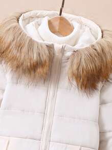 SHEIN Tween Girls Warm Hooded Zip-Up Padded Coat With Fur Collar, Suitable For Daily Commute In Winter - White - View 3