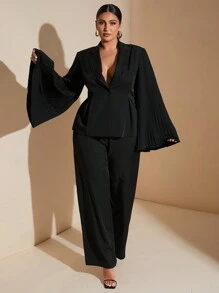 SHEIN BAE Traje de chaqueta y pantalones de pernera ancha elegantes para viajes de negocios, talla grande, con chaqueta negra con solapa, manga acampanada y plisado en la cintura, y pantalones de vestir de dos piezas