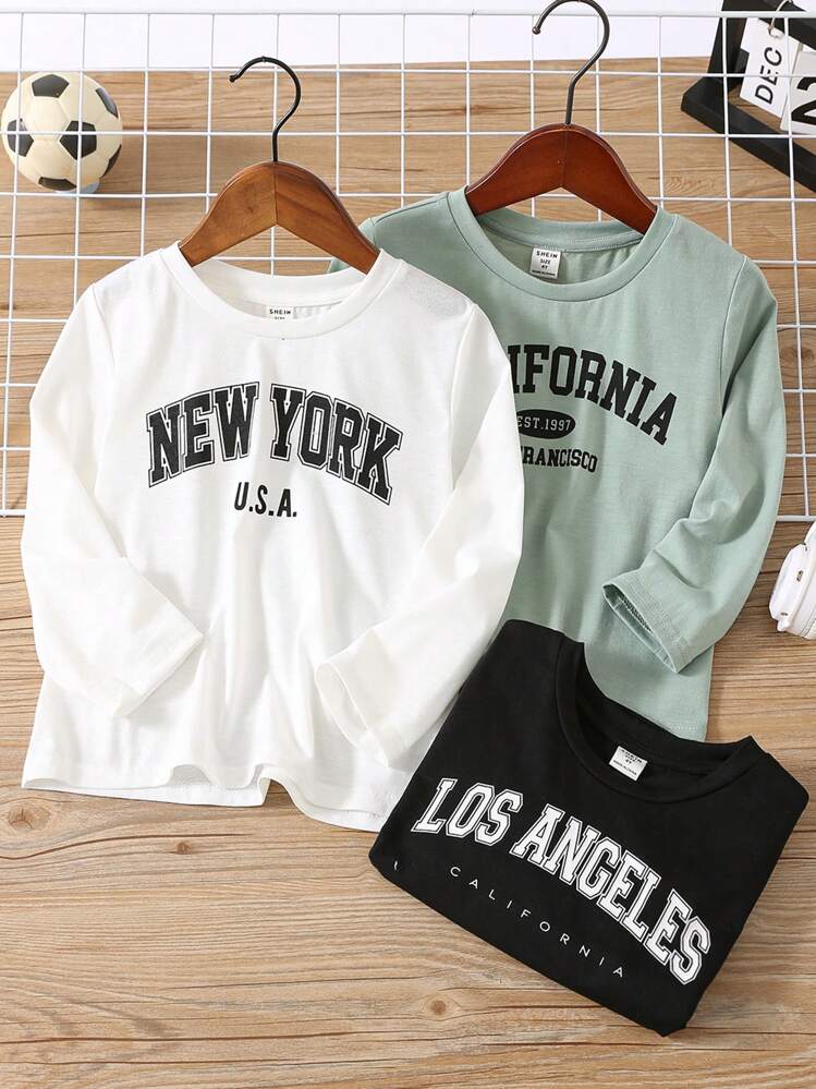 SHEIN Leap Crew Juego de 3 camisetas de punto con cuello redondo y estampado de letras casual urbano para niños preadolescentes, 1 negra/blanca, 1 verde, adecuado para ir y venir, escuela, uso casual diario, vacaciones, deportes, primavera, verano, otoño, invierno - Multicolor - Añade 1