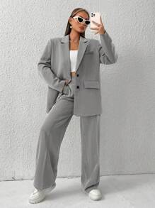 SHEIN EZwear 夏季服装 翻领翻领细节西装外套 - 灰色 - 查看 5