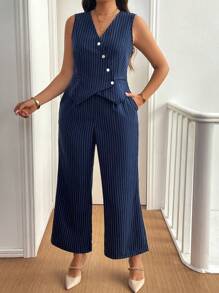 Franclia Plus Size Front Button Sleeveless Striped Top And Casual Pants 2pcs Set