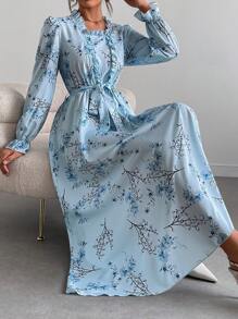 SHEIN Clasi Ladies Floral Print Patchwork Frill Trim Long Sleeve Midi Casual Dress - Blue and White - View 1