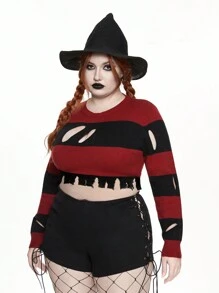 ROMWE Goth Pull court déchiré rayé rouge et noir pour l'Halloween, grande taille