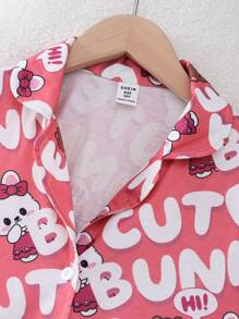 Bộ đồ ngủ in hình thỏ hoạt hình và chữ cho bé gái tuổi teen 2 chiếc áo len cardigan cổ bẻ kèm quần dài thoải mái - Bụi hồng - Xem 6